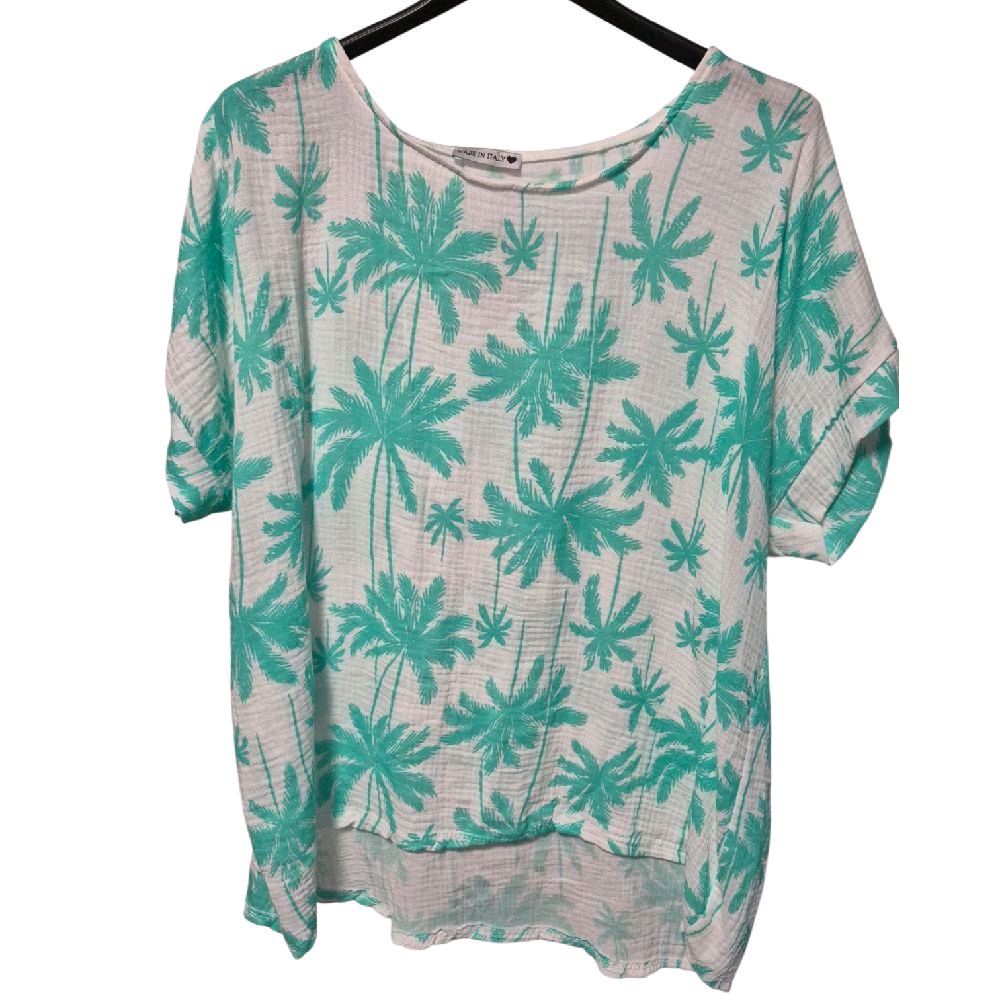 Italy Mode Oversize Musselin Shirt Palmenmuster 40-46 Sommer Baumwolle
