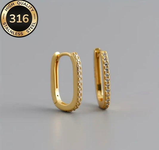 316 Edelstahl Ovale Creolen Hoops Ohrringe Gold Zirkonia Steine