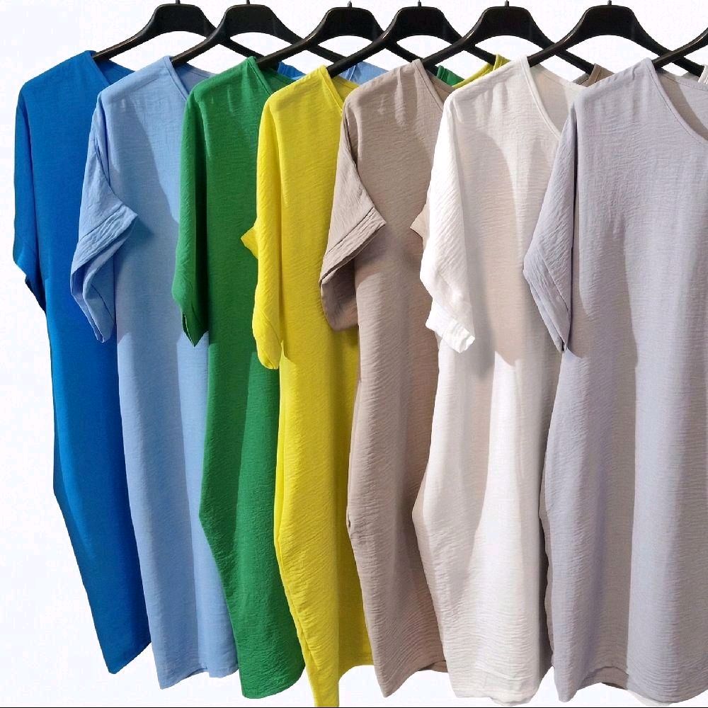 Italy Mode Silhoutte Longshirt Kleid Onesize 40-44 in vielen Farben Edgy-Touch seitliche Taschen Bügelfrei Kofferstoff