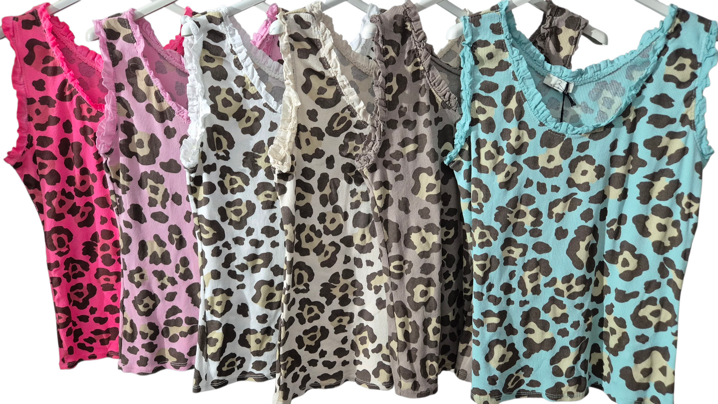Italy Mode Leo-Style Tank-Tops Ripptops 36-42/44 für trendige Outfits aus Baumwolle mit Rüschchendetails