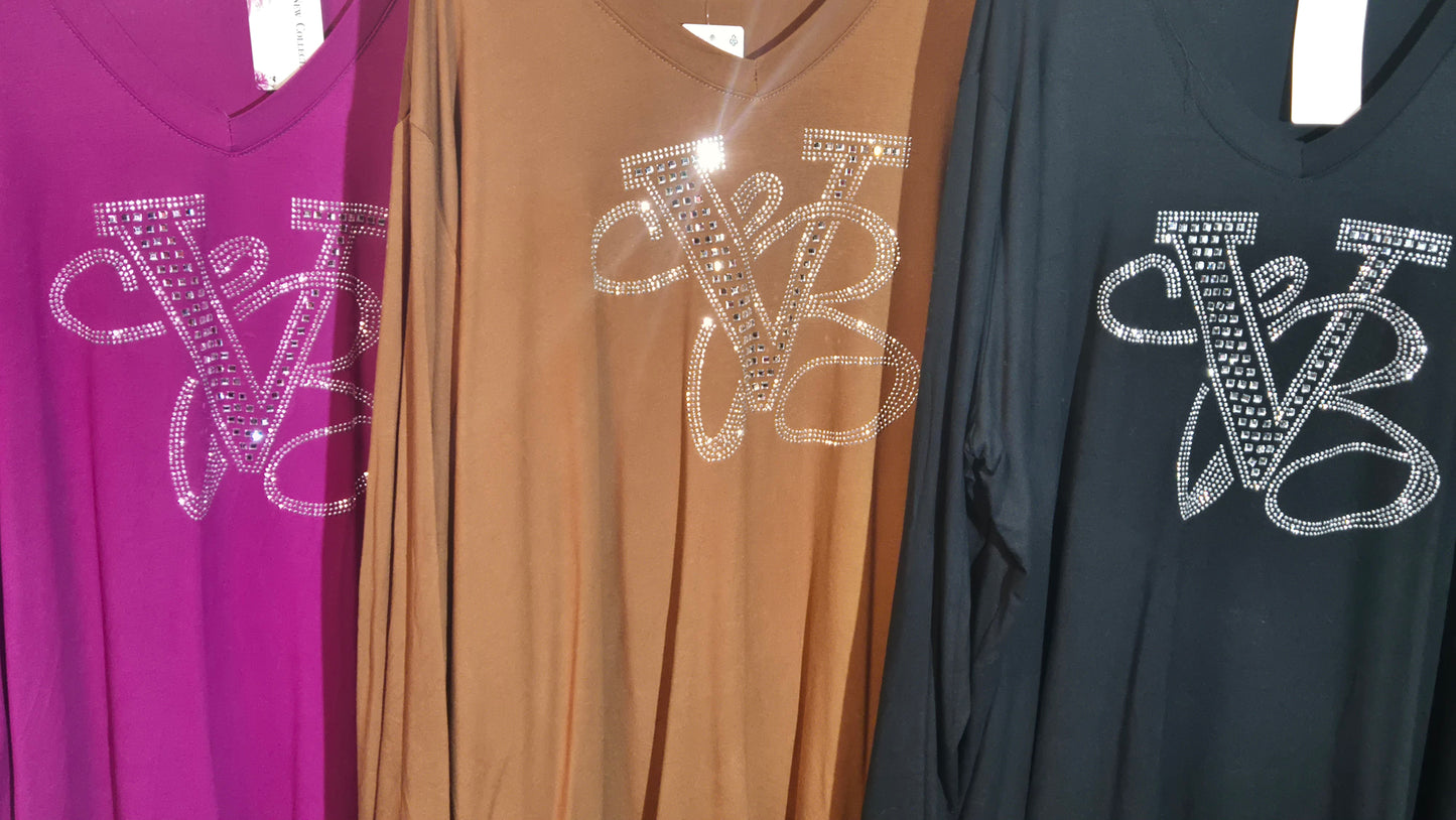 Italy Mode Bling Bling Longshirt Langarmshirt Strasssteine 48 50 52