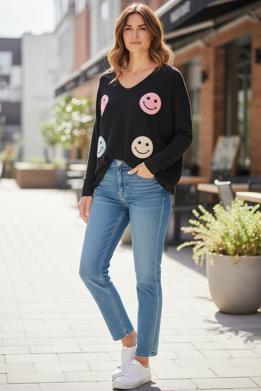 Italy Mode Smiley Butterweiche Dünne Oversize Pullover Onesize 38-46 Frühlingskollektion in 6 Farben