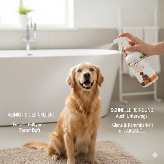 Hunde Glanzspray & Hygiene – Shampoo ohne Ausspülen - Trockenreinigung mit Arganöl (250ml)