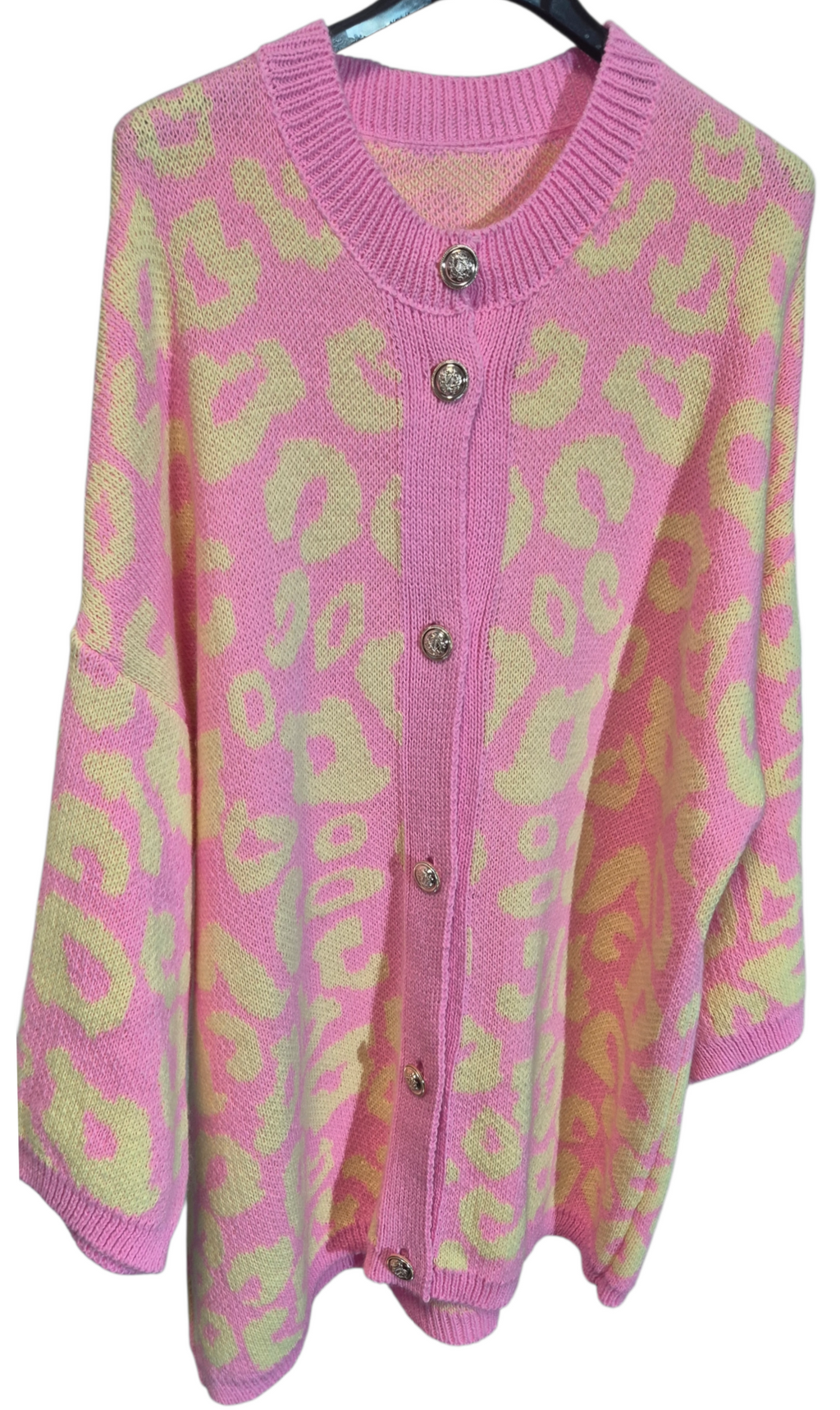 Lässige Oversize Long Strickjacke Pullover mit goldenen Knöpfen Leo-Style 38-46/48 in 3 Farben