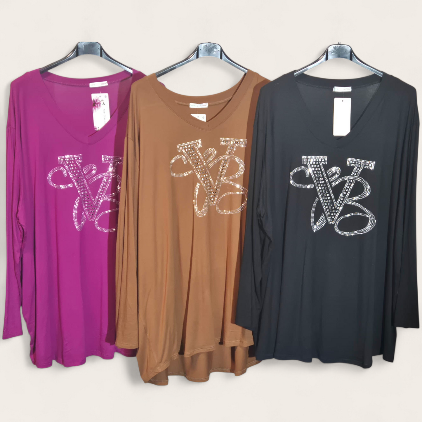 Italy Mode Bling Bling Longshirt Langarmshirt Strasssteine 48 50 52