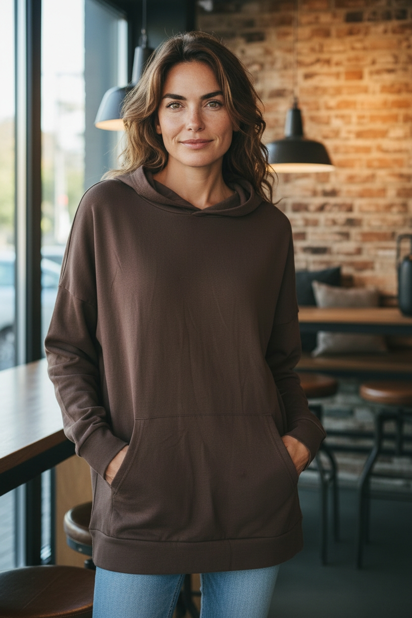 Ital. Longpullover Hoodie Sweatpullover mit Backzipper in 6 Farben 42-46