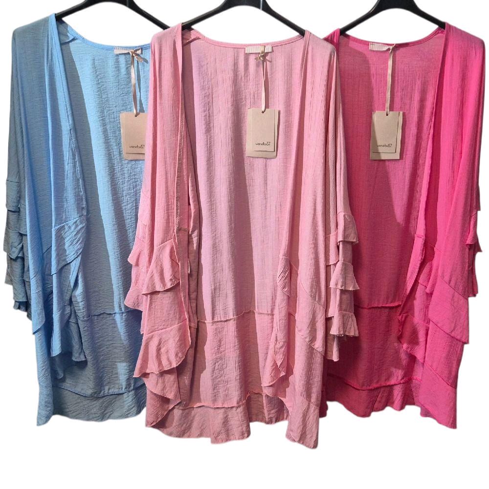 Italy Mode Premium Sommer Cardigan Volants Luftig Leicht Größe 42-46 für Damen in Pastellfarben