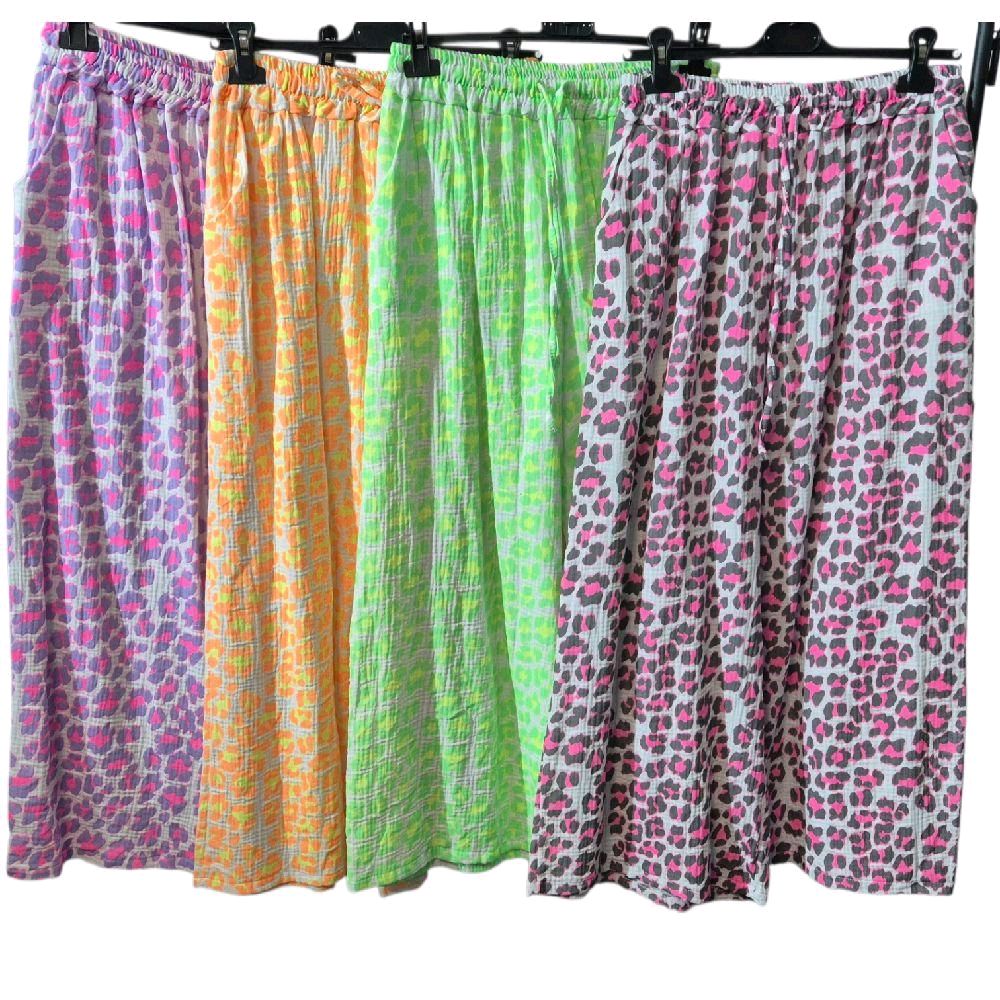 Italy Mode Premium Musselin Leo-Style Hose Weites Bein 38-44 Sommer Hosen