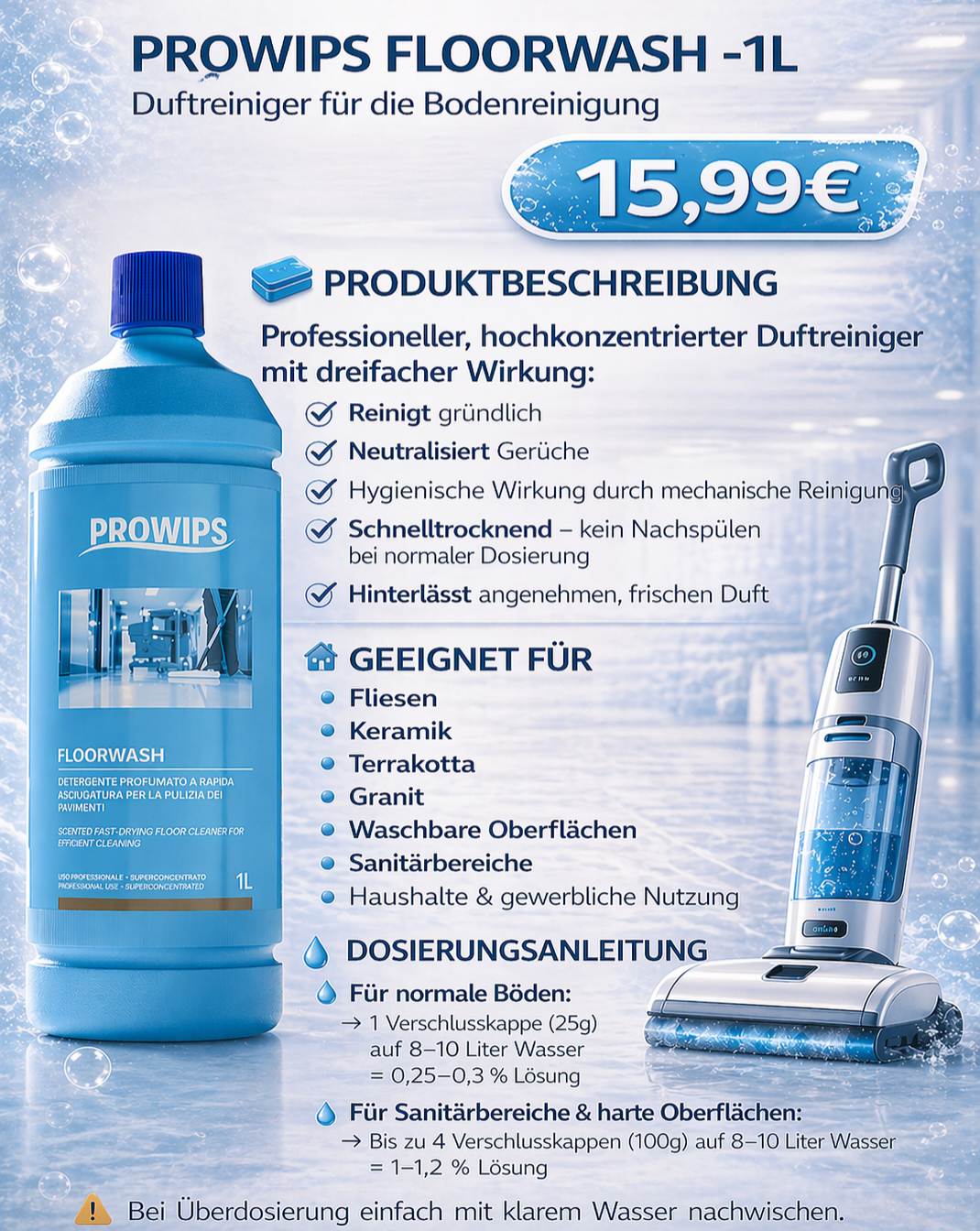 PROWIPS FLOORWASH 💎 Duftender Hochglanz Bodenreiniger - schnelltrocknend & desinfizierend - Profi Reiniger HCCAP hochkonzentriert