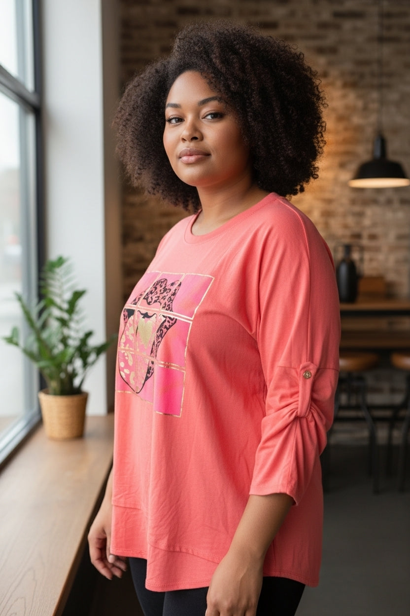 Curvy Size Shirt Longsleeve mit coolem Motiv 48 50 52 in 4 Farben