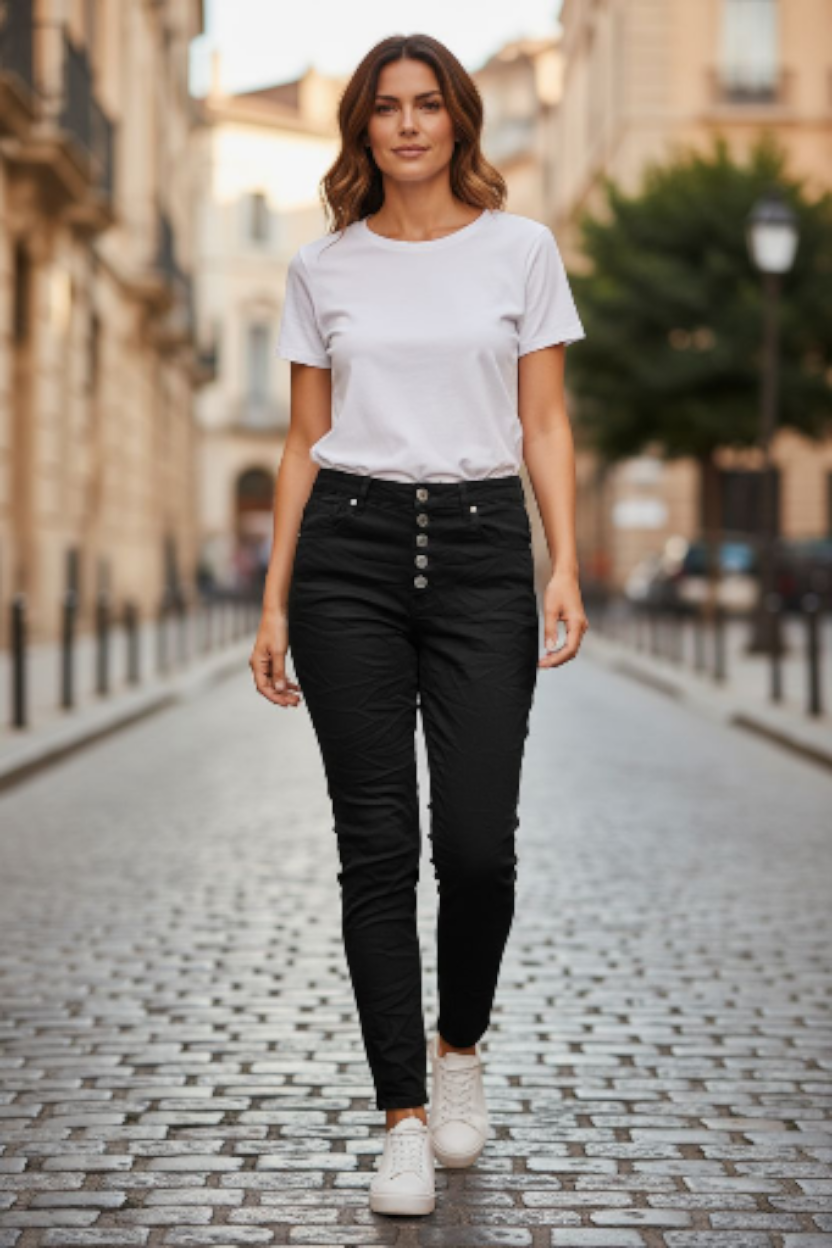 NEWPLAY 5 Button Jeanshose Stretch Sterneblem ☆ Optimale Passform Schwarz