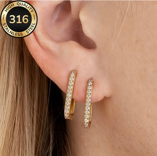 316 Edelstahl Ovale Creolen Hoops Ohrringe Gold Zirkonia Steine