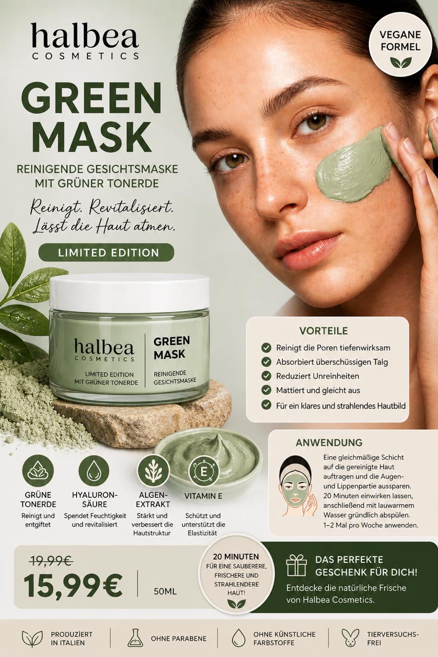 Halbea - Grüne Tonerde - Detox Reinigende Gesichtsmaske - Limited Edition - 50ml Vegan