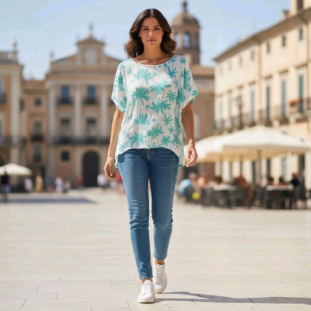 Italy Mode Oversize Musselin Shirt Palmenmuster 40-46 Sommer Baumwolle