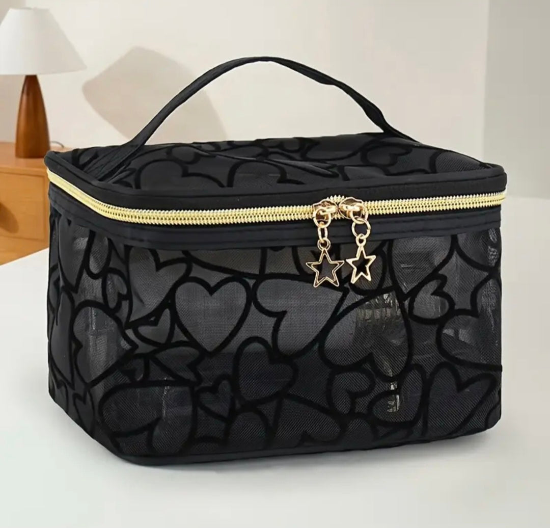 Heart Mesh Kosmetiktasche Aufbewahrungstasche Kulturtasche Schwarz + 2 Kosmetik Goodies