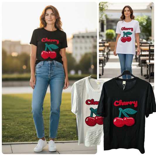 Italy Mode 🍒 Cherry Strass T-Shirt Oberteil Shirt Baumwolle 36-44 Casual Oversize Outfit