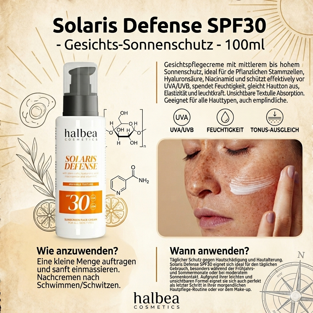 Halbea - Solaris Defense SPF30 - Gesichtscreme Sonnenschutz mit Hyaluron Vitamin C