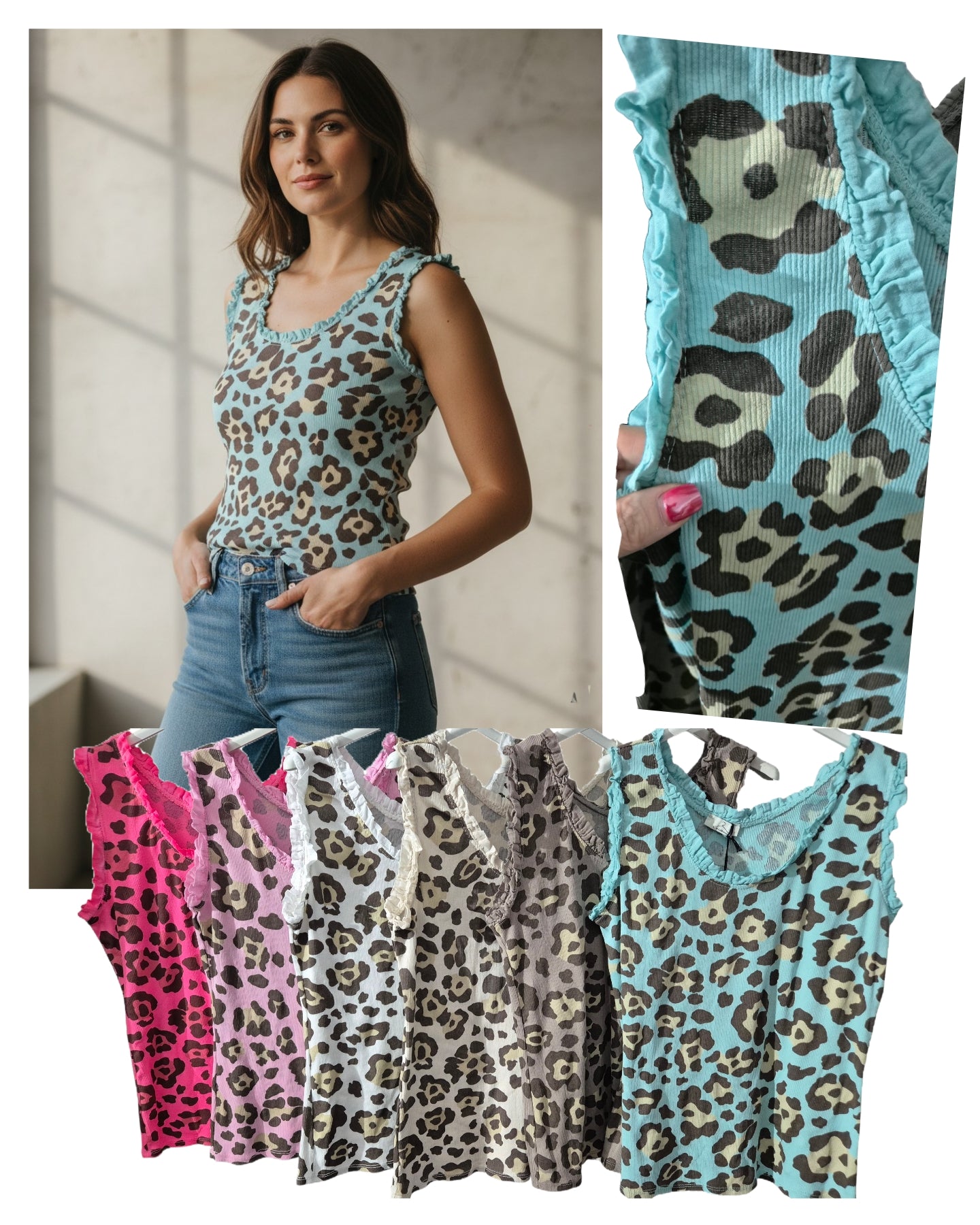 Italy Mode Leo-Style Tank-Tops Ripptops 36-42/44 für trendige Outfits aus Baumwolle mit Rüschchendetails