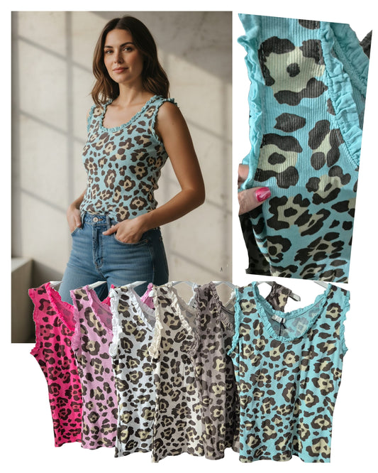 Italy Mode Leo-Style Tank-Tops Ripptops 36-42/44 für trendige Outfits aus Baumwolle mit Rüschchendetails