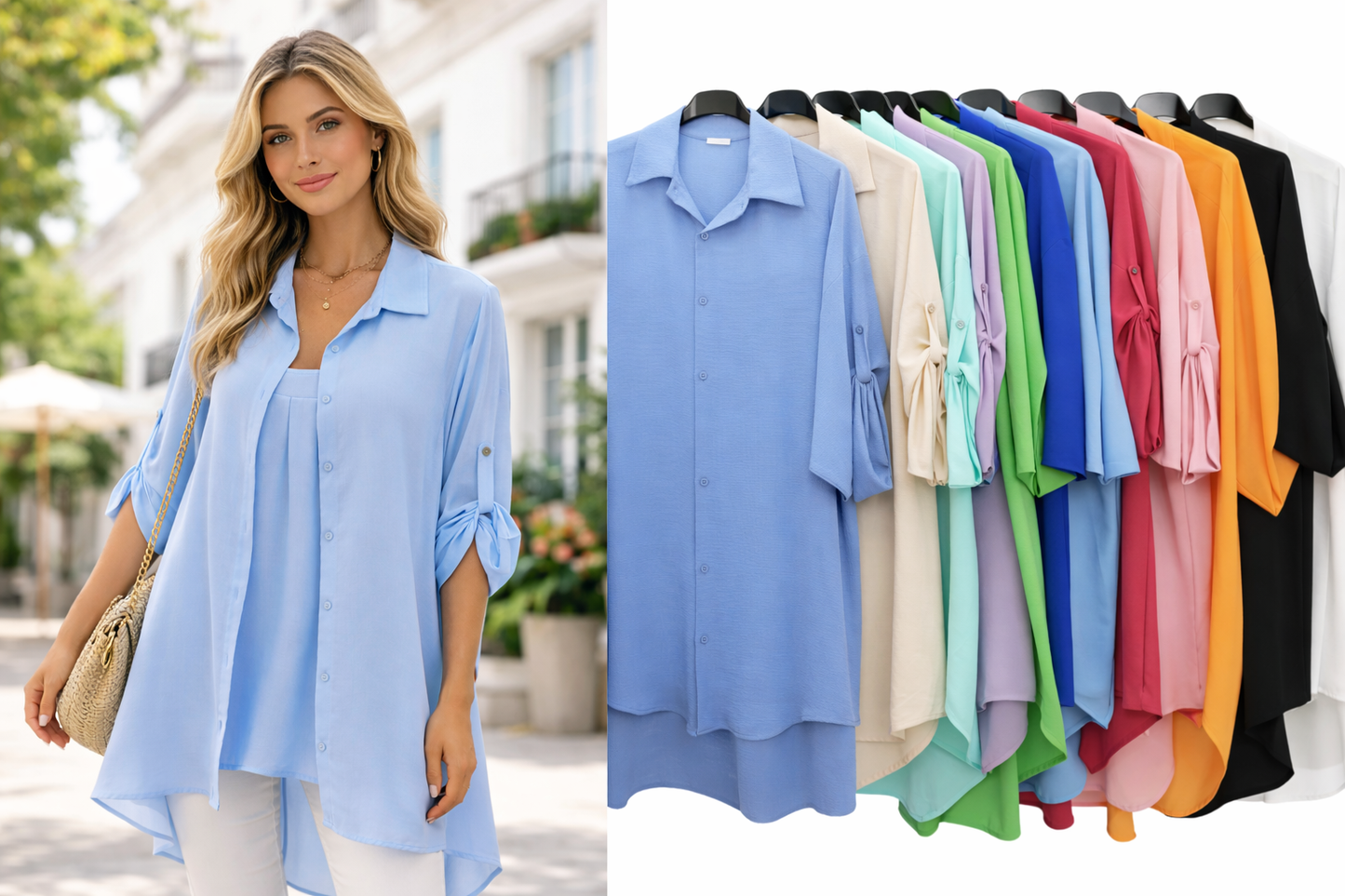 Italy Mode Oversize Longbluse Jäckchen Vokuhila Kofferware-Qualität 36-42 & 42-48 in vielen neuen Farben für Damen