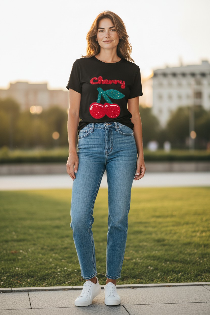 Italy Mode 🍒 Cherry Strass T-Shirt Oberteil Shirt Baumwolle 36-44 Casual Oversize Outfit