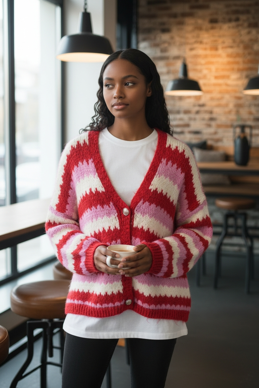 Lässige Grobstrick Strickjacke Pullover mit goldenen Knöpfen Oversize 38-42