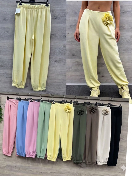 Italy Mode Softtouch Jogpants Blume Brosche 38-44/46 in tollen Farben Frühlingskollektion