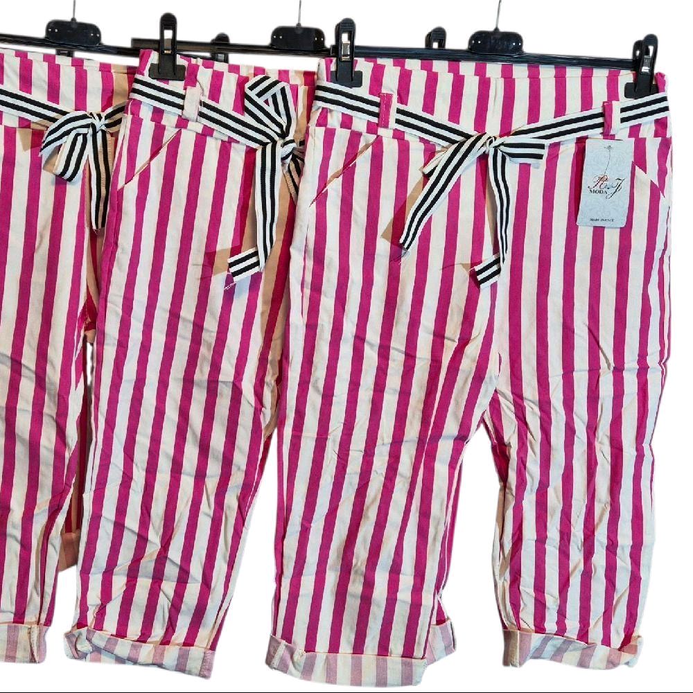 Italy Mode Bermuda Shorts Stretch Jogpants S M L XL Rosa Grün Streifen Design Komfortabel