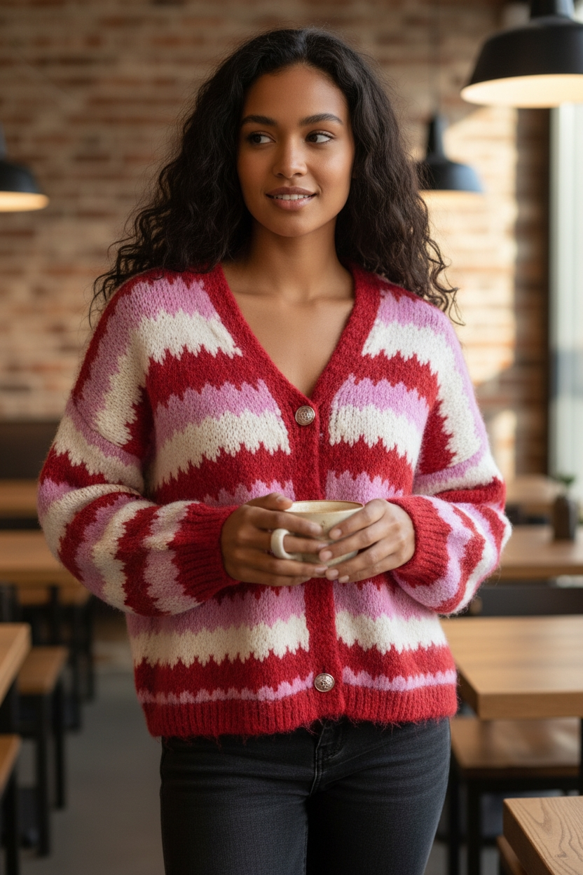 Lässige Grobstrick Strickjacke Pullover mit goldenen Knöpfen Oversize 38-42