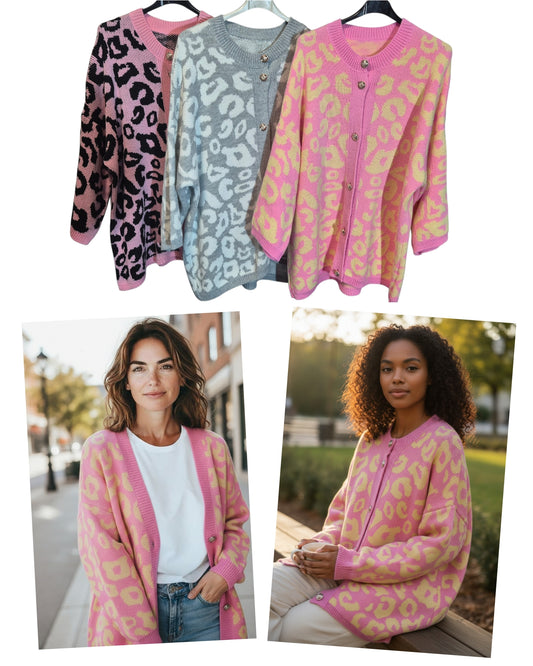 Lässige Oversize Long Strickjacke Pullover mit goldenen Knöpfen Leo-Style 38-46/48 in 3 Farben