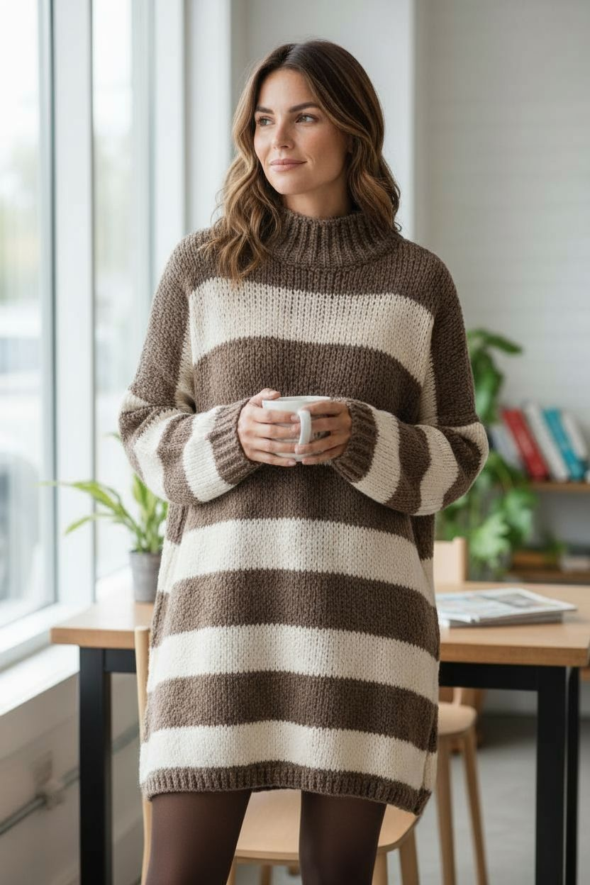 Italy Mode 🇮🇹 Oversize Kuschel Longpullover Strickpullover Mini-Strickkleid Farb Blogger Strips