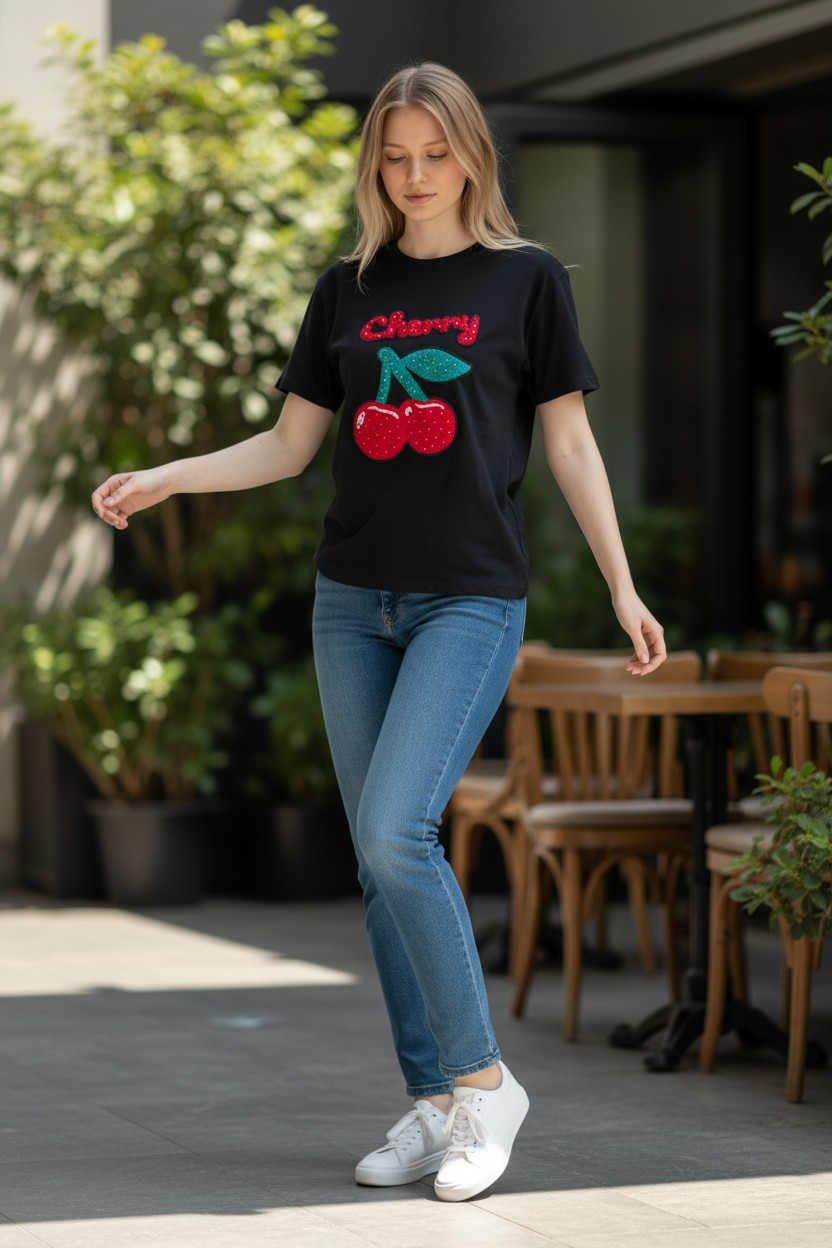 Italy Mode 🍒 Cherry Strass T-Shirt Oberteil Shirt Baumwolle 36-44 Casual Oversize Outfit