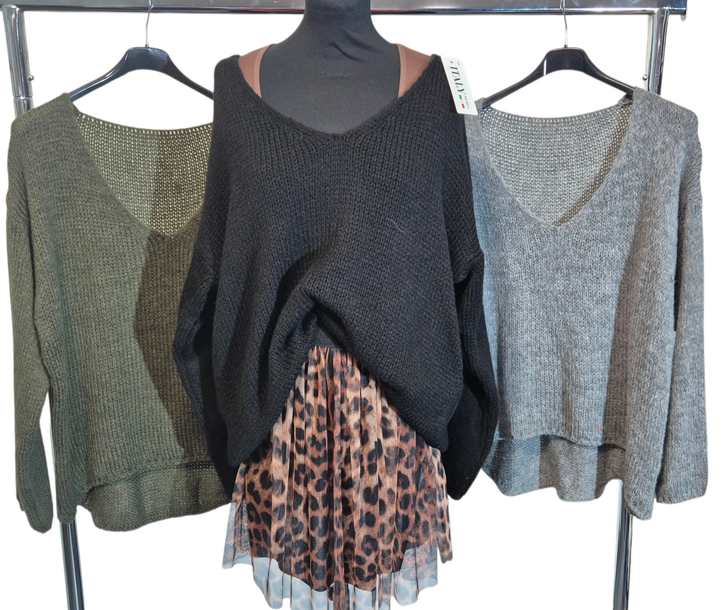 Basic Oversize V-Neck Strickpullover Vokuhila Onesize 38-44