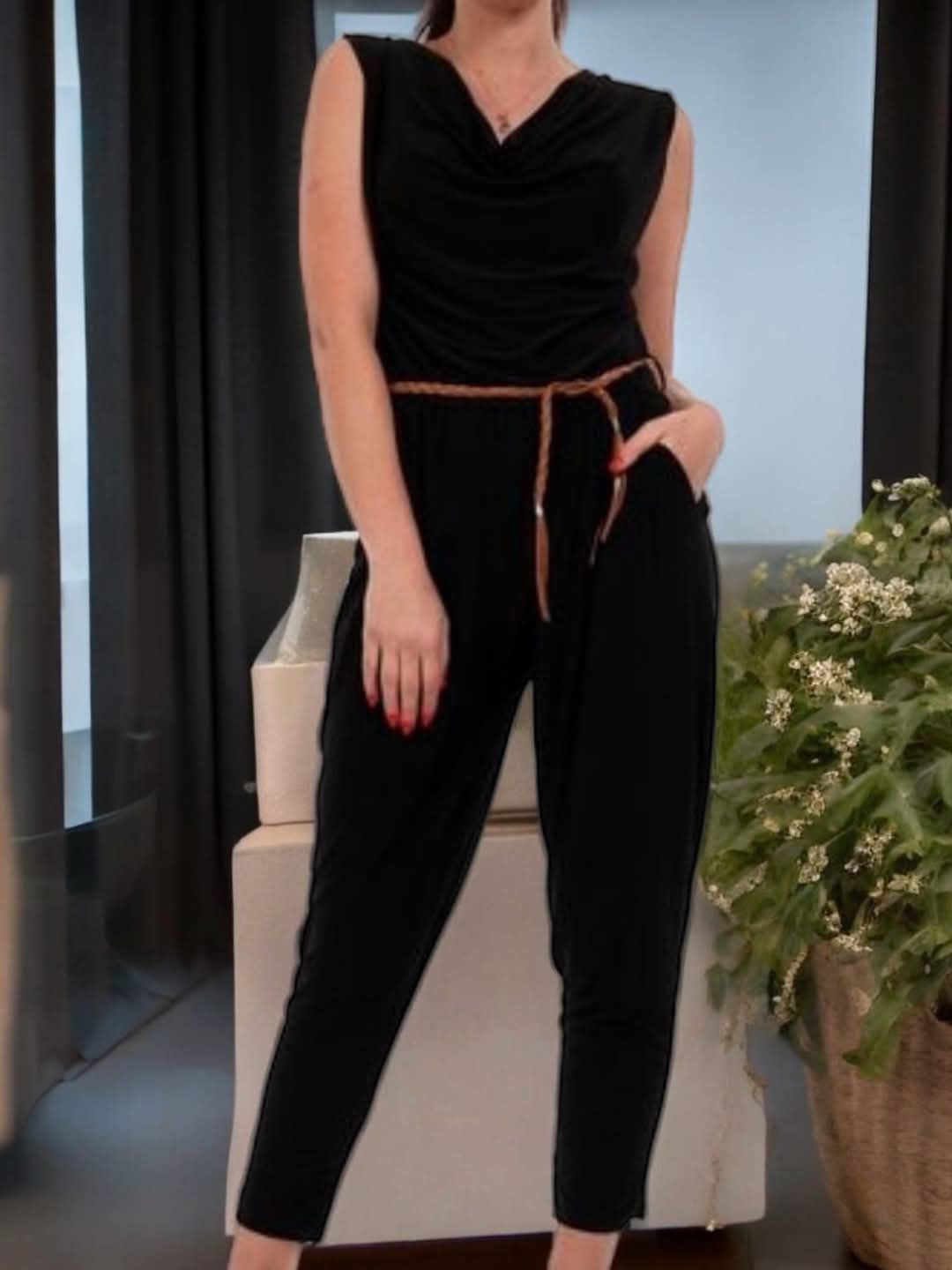 Italy Mode Jumpsuit Overall Einteiler in 4 Farben Onesize für Gr. 36-40 Stilvoll und bequem mit Stretchanteil und Flechtgürtel