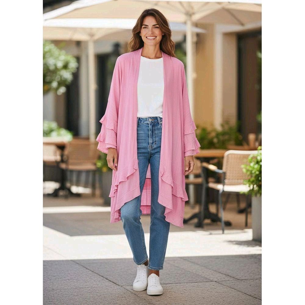 Italy Mode Premium Sommer Cardigan Volants Luftig Leicht Größe 42-46 für Damen in Pastellfarben