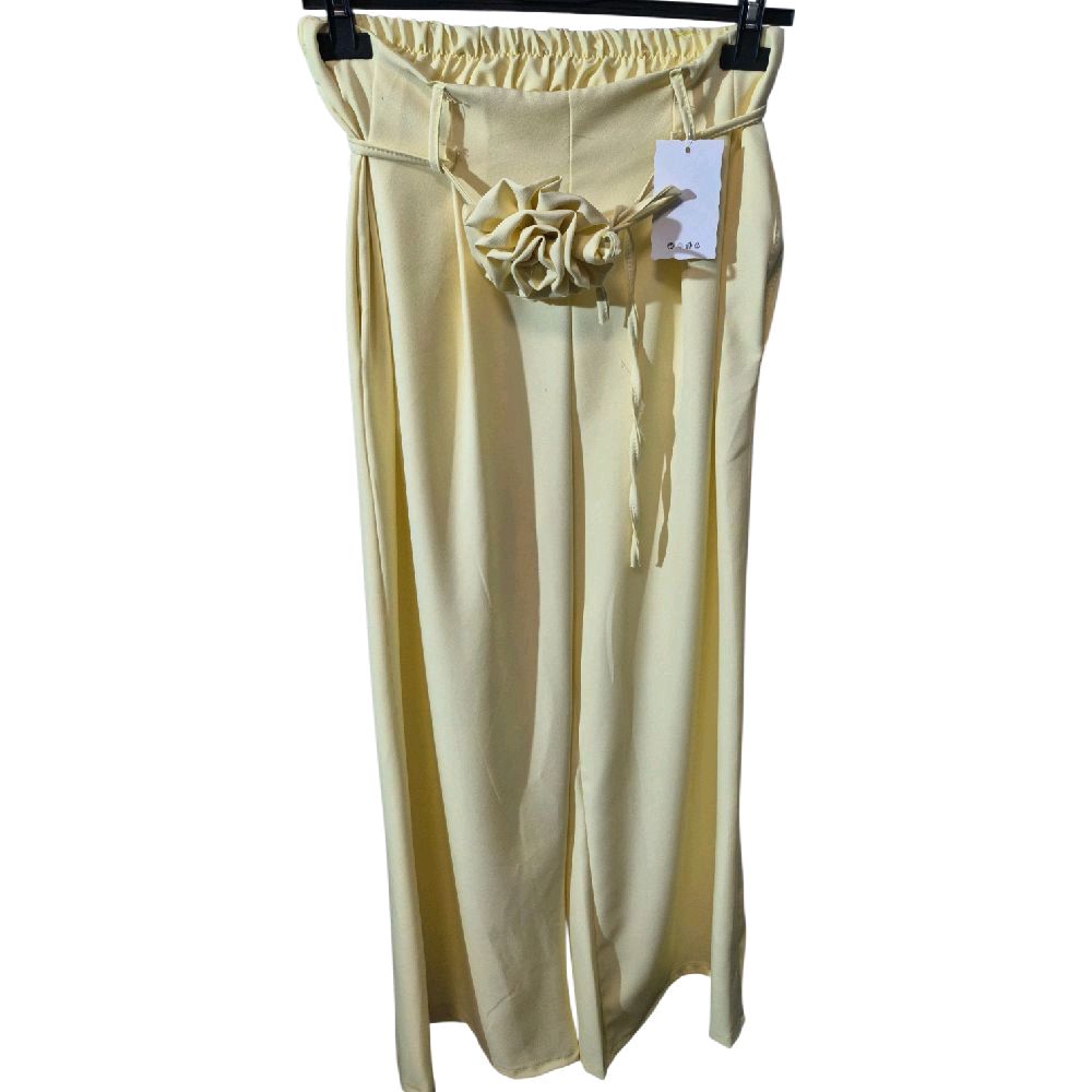 Italy Mode Elegante Damen-Hose Weites Bein Marlene Hose mit elastischem Bund und dekorativen Blume für einen stilvollen Look