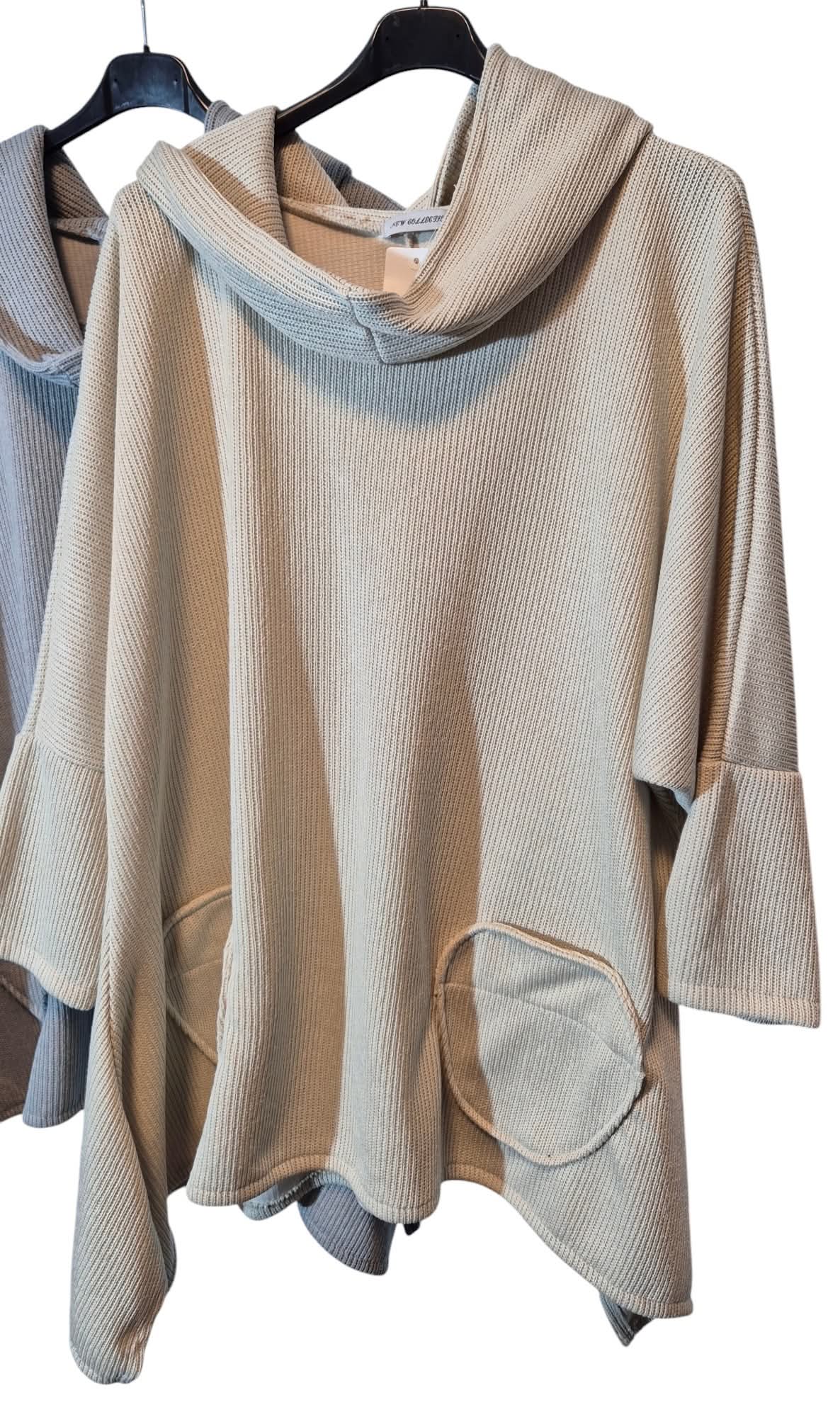 Ital. Oversize LONGPULLOVER XXL Schal / Kapuze Strickoptik Grau Beige 44 46 48