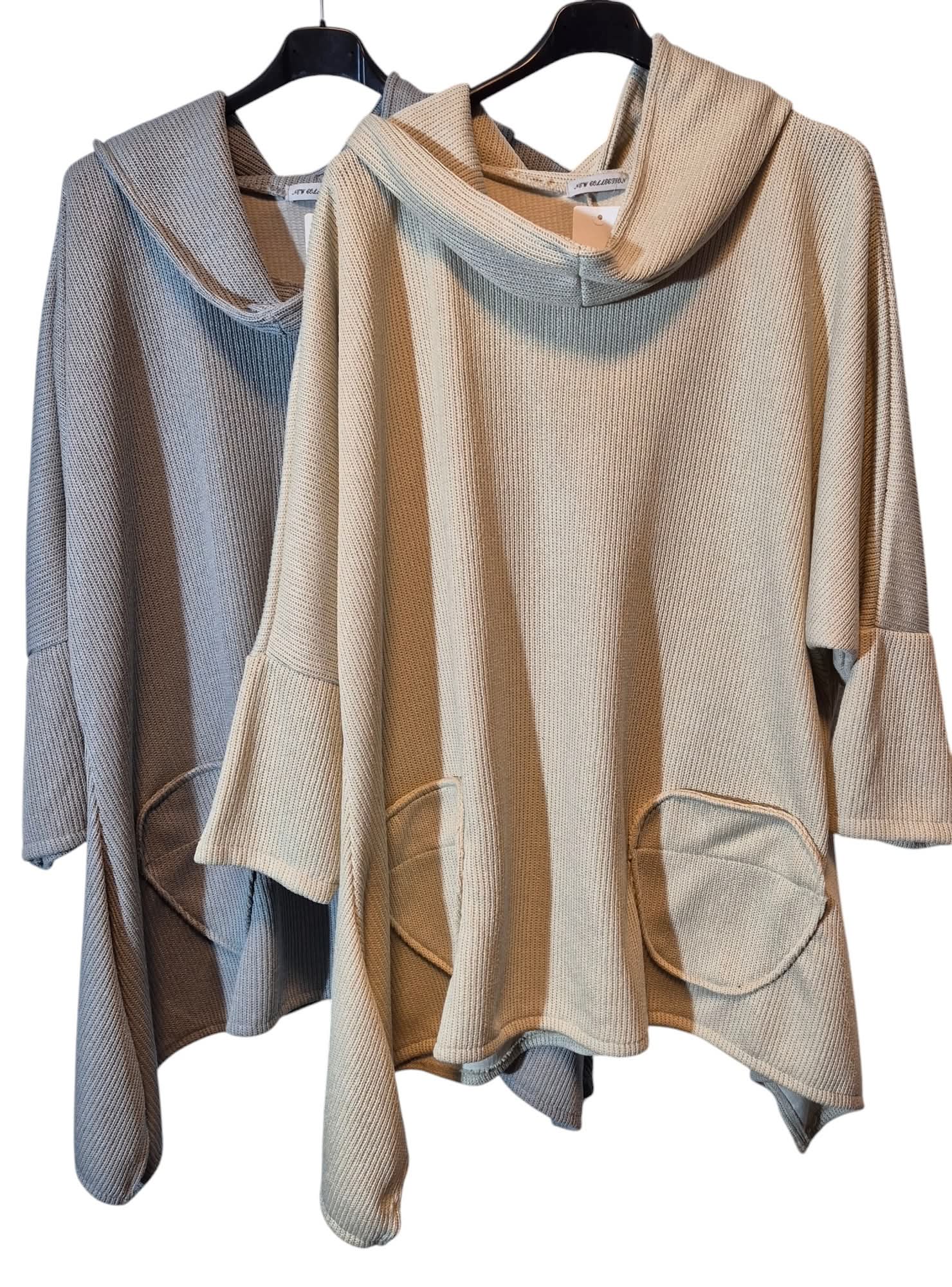 Ital. Oversize LONGPULLOVER XXL Schal / Kapuze Strickoptik Grau Beige 44 46 48