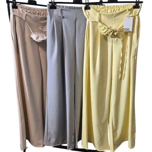 Italy Mode Elegante Damen-Hose Weites Bein Marlene Hose mit elastischem Bund und dekorativen Blume für einen stilvollen Look