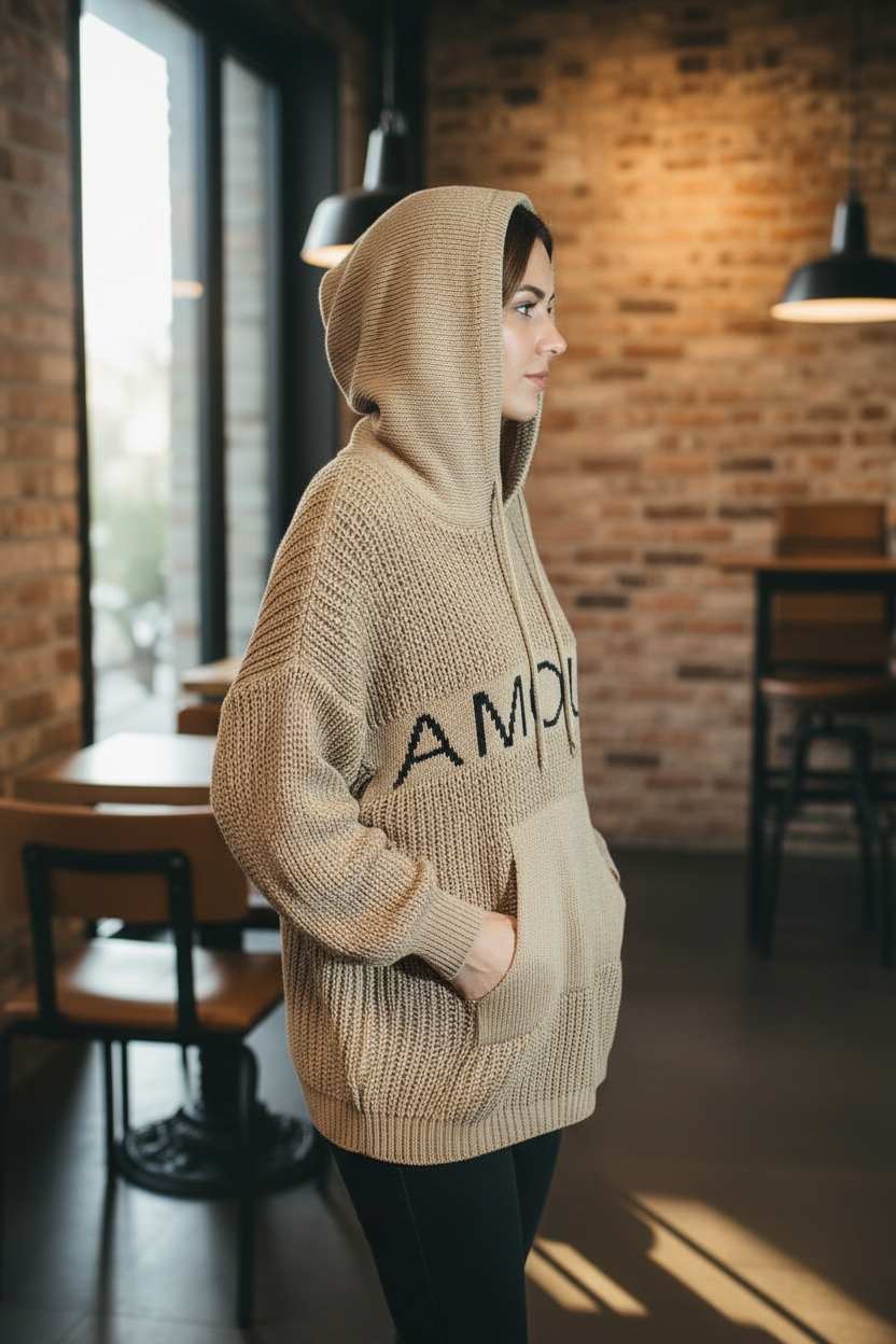 Amour Oversize lockerer Longpullover Hoodie-Style Onesize ab Gr. 40 bis 48