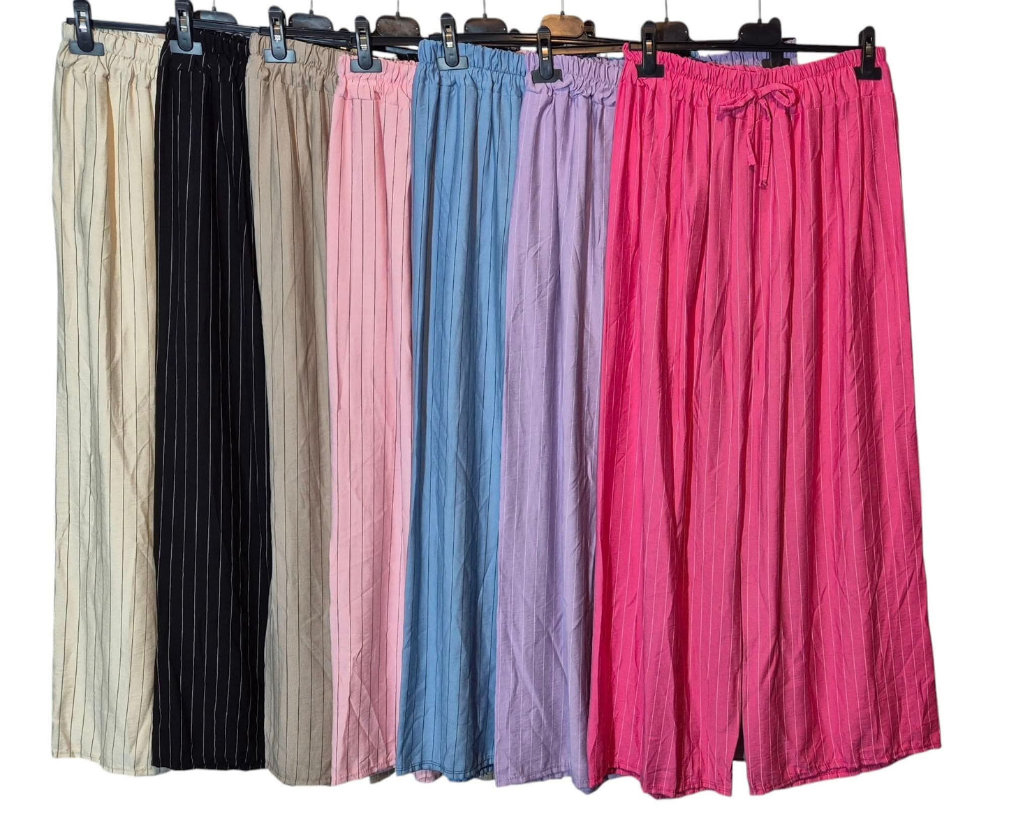 Italy Mode Sommerhose Stoffhose mit feinen Nadelstreifen Weites Bein Gummibündchen Einheitsgröße 38-42/44  Viskose Elasthan