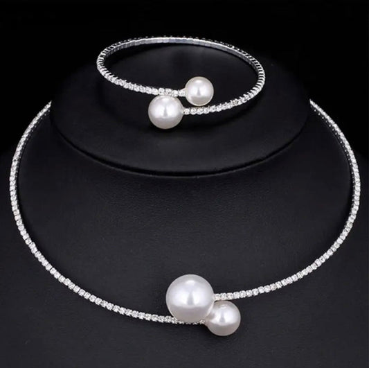 Flexi Schmuckset Biegsame Kragen-Kette + Armband mit Perlen Acryl versilbert