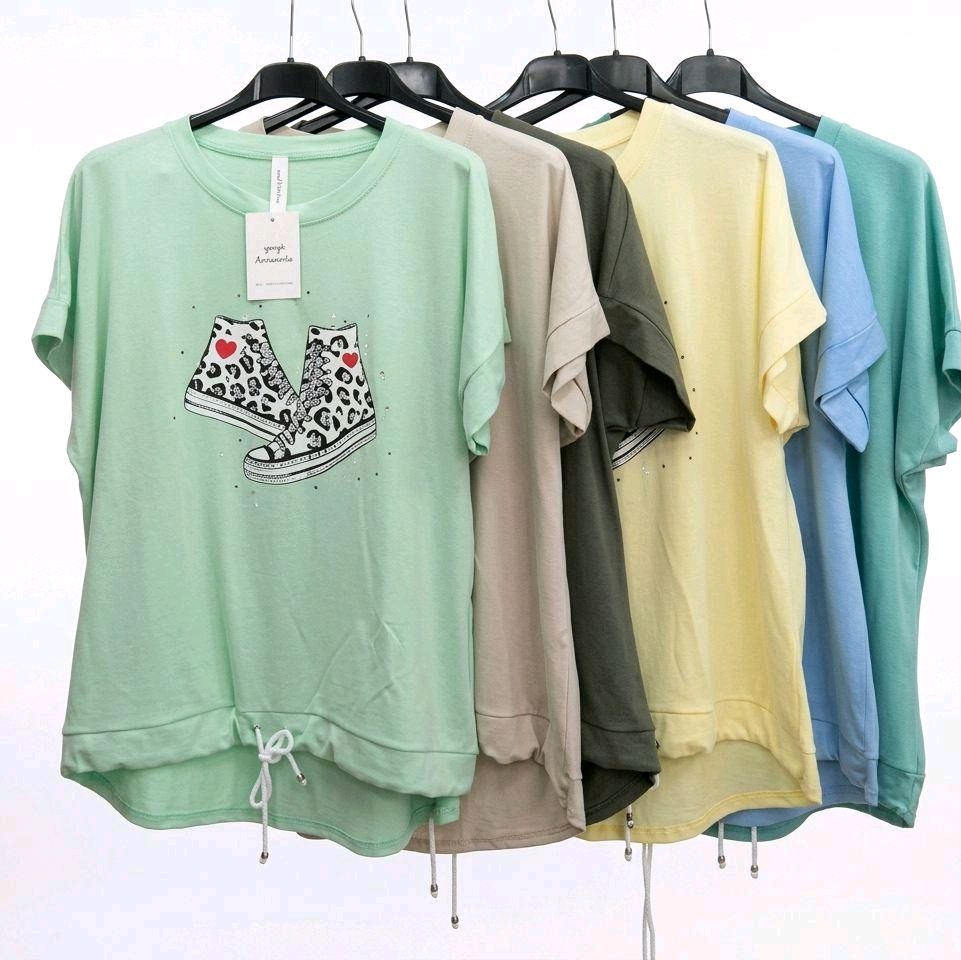 Italy Mode Legere Shirts mit Leo Chucks Print Onesize 36-44 Strasssteinen besetzt Stilvolle Oberteile für vielseitige Outfits