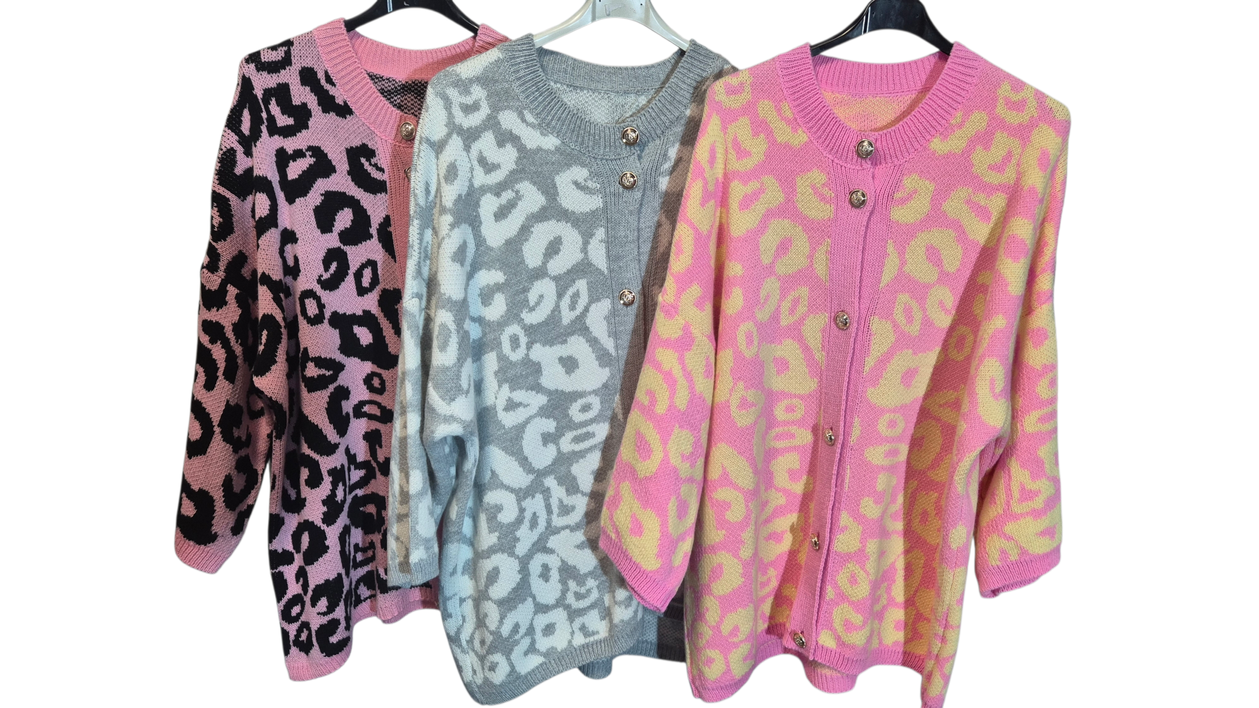 Lässige Oversize Long Strickjacke Pullover mit goldenen Knöpfen Leo-Style 38-46/48 in 3 Farben