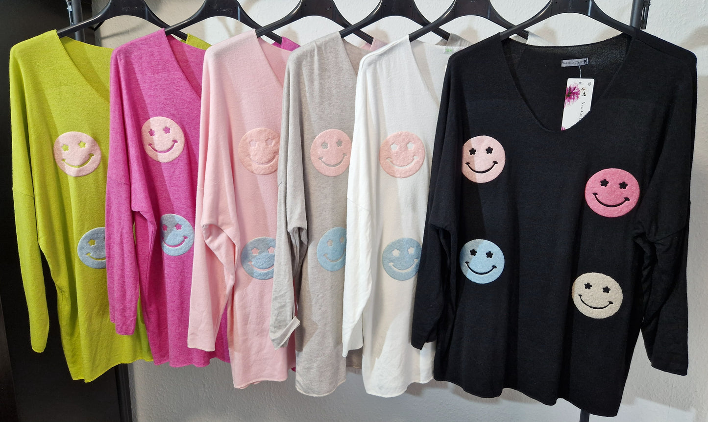 Italy Mode Smiley Butterweiche Dünne Oversize Pullover Onesize 38-46 Frühlingskollektion in 6 Farben