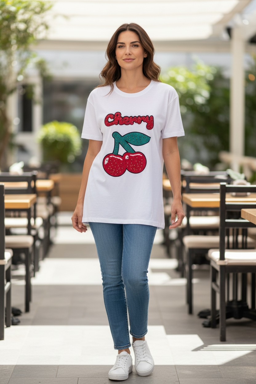 Italy Mode 🍒 Cherry Strass T-Shirt Oberteil Shirt Baumwolle 36-44 Casual Oversize Outfit