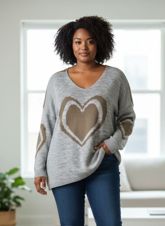 Ital. Herz Oversize Strickpullover Grau 46 48 50