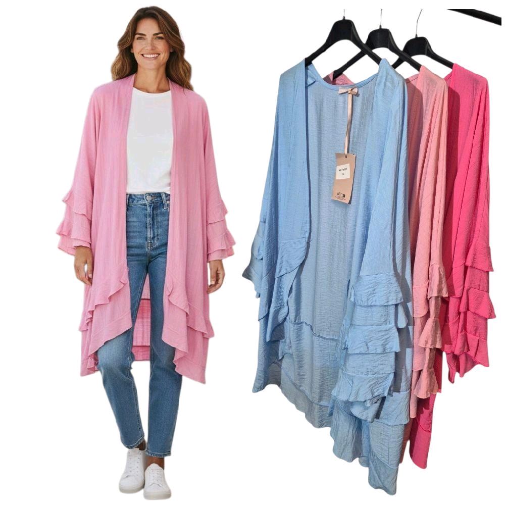 Italy Mode Premium Sommer Cardigan Volants Luftig Leicht Größe 42-46 für Damen in Pastellfarben