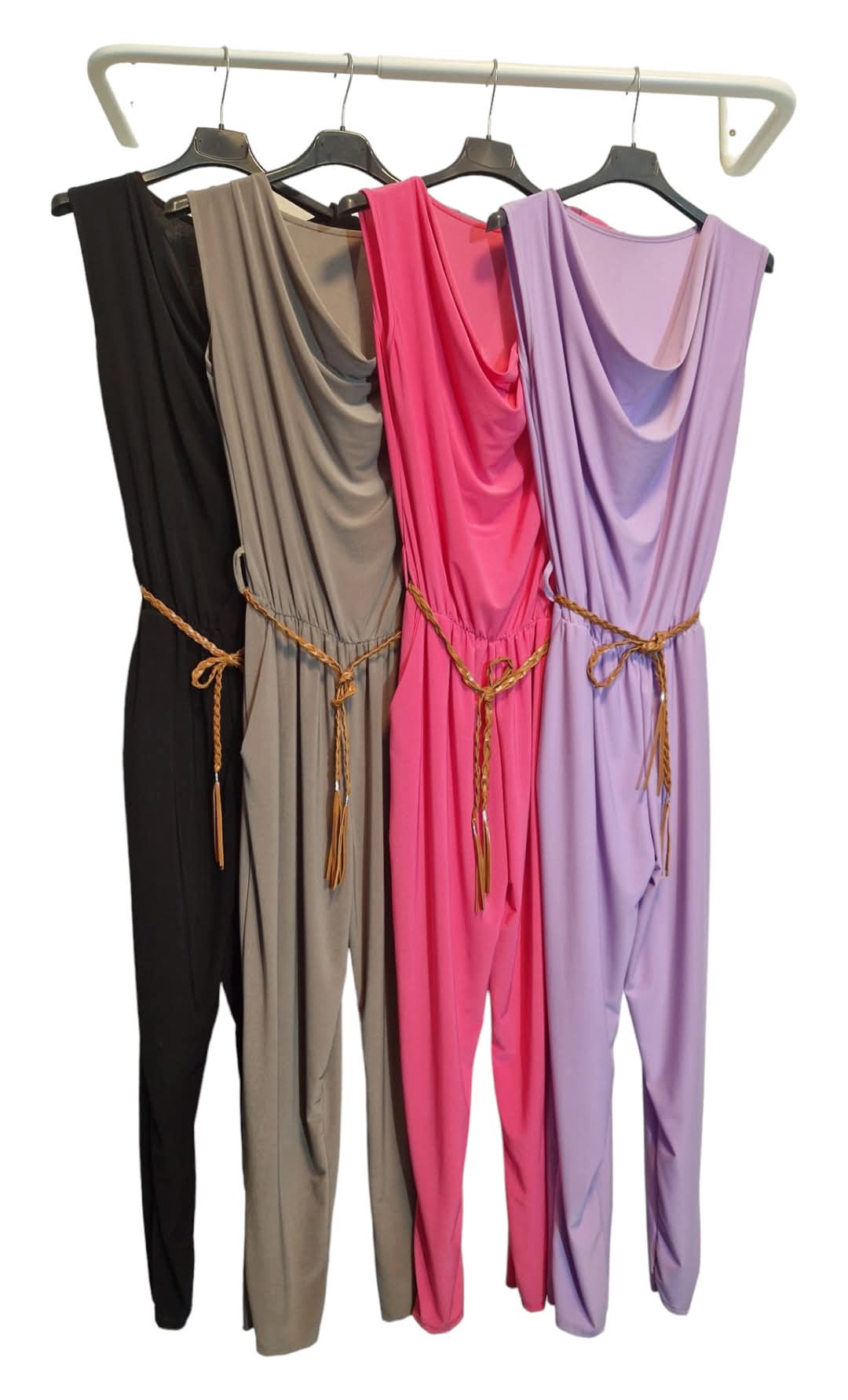 Italy Mode Jumpsuit Overall Einteiler in 4 Farben Onesize für Gr. 36-40 Stilvoll und bequem mit Stretchanteil und Flechtgürtel