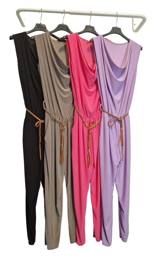 Italy Mode Jumpsuit Overall Einteiler in 4 Farben Onesize für Gr. 36-40 Stilvoll und bequem mit Stretchanteil und Flechtgürtel